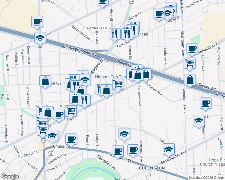 map of restaurants, bars, coffee shops, grocery stores, and more near 141 Vine Street South in St. Catharines
