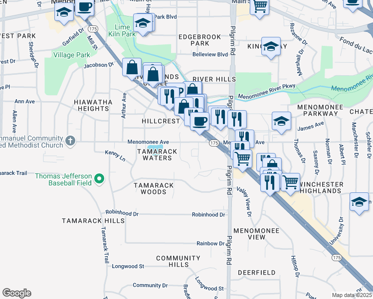 map of restaurants, bars, coffee shops, grocery stores, and more near 15825 Appleton Avenue in Menomonee Falls