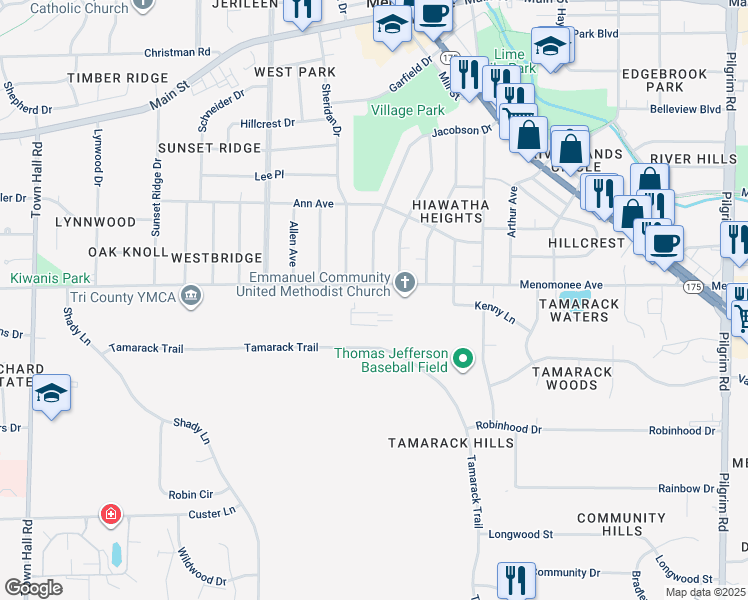 map of restaurants, bars, coffee shops, grocery stores, and more near N84W16889 Menomonee Avenue in Menomonee Falls