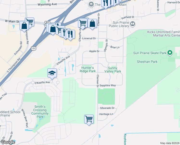 map of restaurants, bars, coffee shops, grocery stores, and more near 1716 Rustic Drive in Sun Prairie