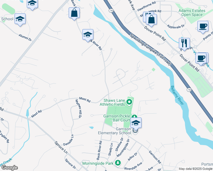 map of restaurants, bars, coffee shops, grocery stores, and more near 62 Back River Road in Dover