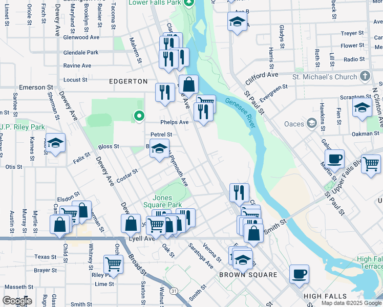 map of restaurants, bars, coffee shops, grocery stores, and more near 52 Fulton Avenue in Rochester