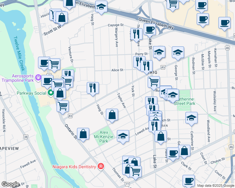 map of restaurants, bars, coffee shops, grocery stores, and more near 67 Taylor Avenue in Saint Catharines