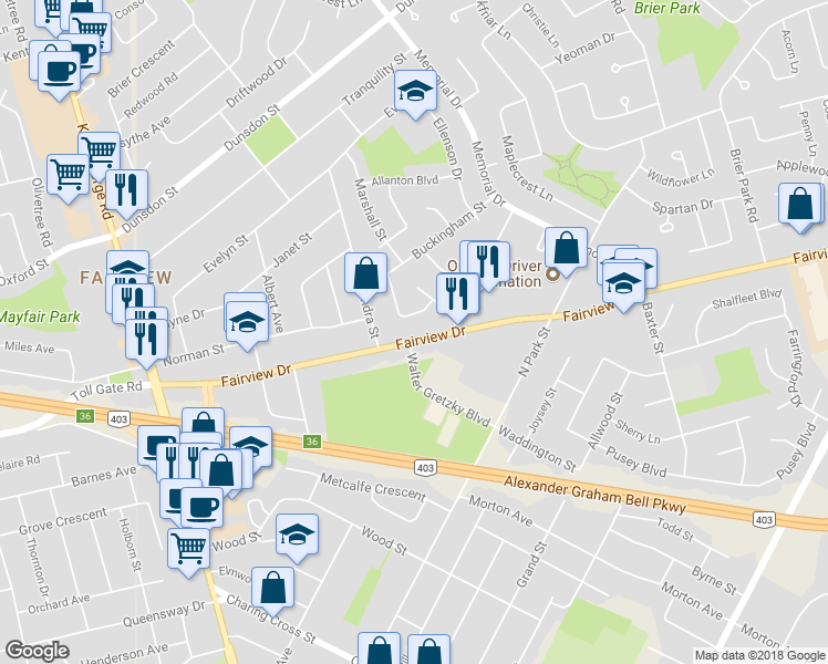map of restaurants, bars, coffee shops, grocery stores, and more near 101 Fairview Drive in Brantford