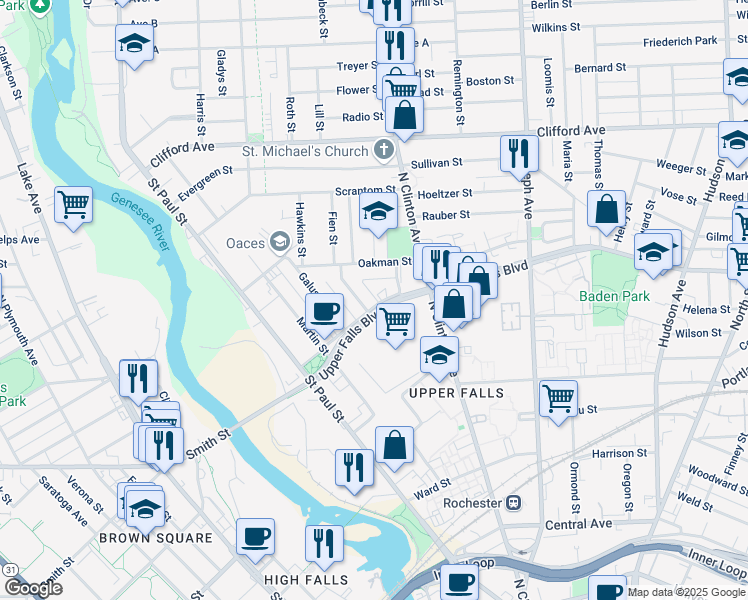 map of restaurants, bars, coffee shops, grocery stores, and more near 78 Lowell Street in Rochester