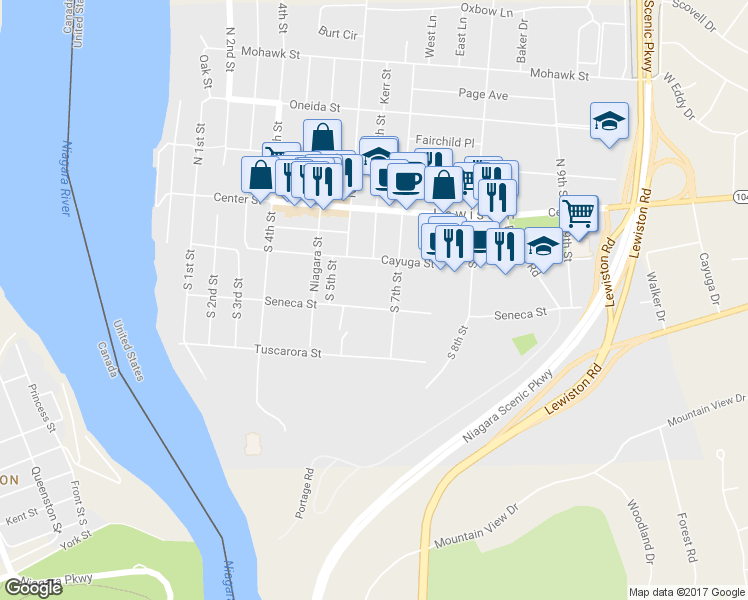 map of restaurants, bars, coffee shops, grocery stores, and more near 610 Seneca Street in Lewiston