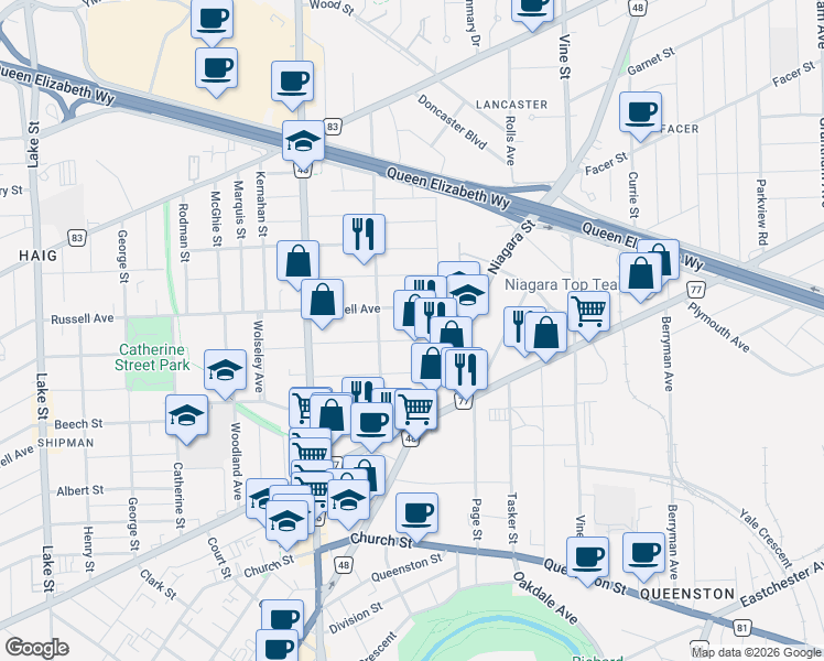 map of restaurants, bars, coffee shops, grocery stores, and more near 49 Ottawa Street in St. Catharines