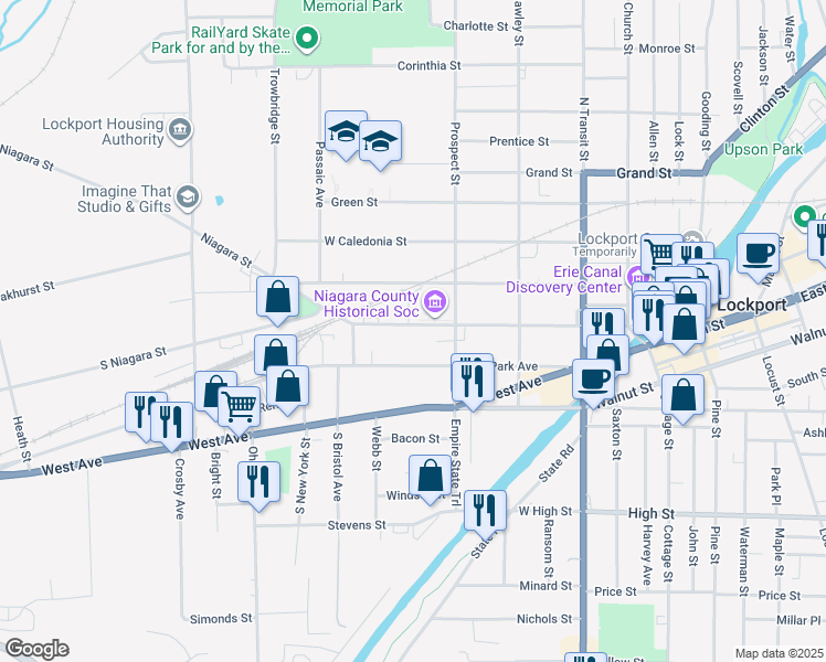 map of restaurants, bars, coffee shops, grocery stores, and more near 240 Niagara Street in Lockport
