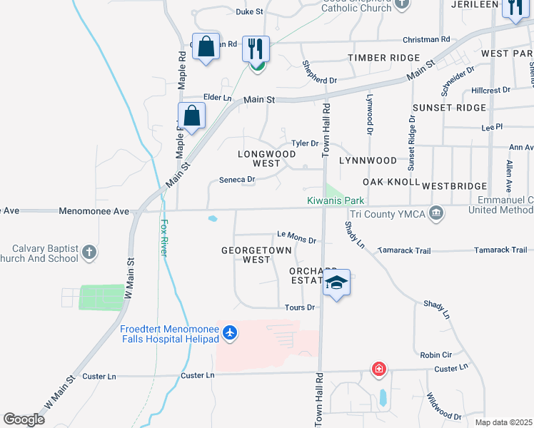 map of restaurants, bars, coffee shops, grocery stores, and more near N84W18279 Menomonee Avenue in Menomonee Falls