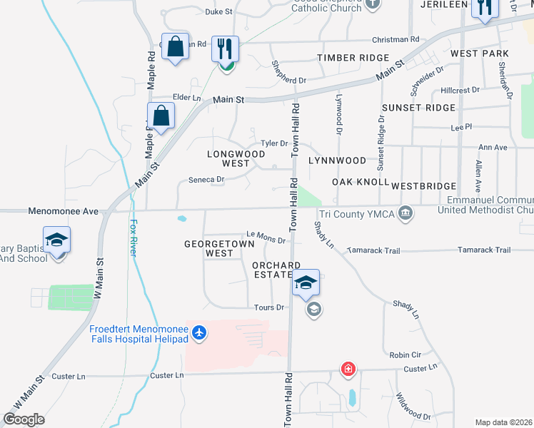 map of restaurants, bars, coffee shops, grocery stores, and more near N84W18131 Menomonee Avenue in Menomonee Falls
