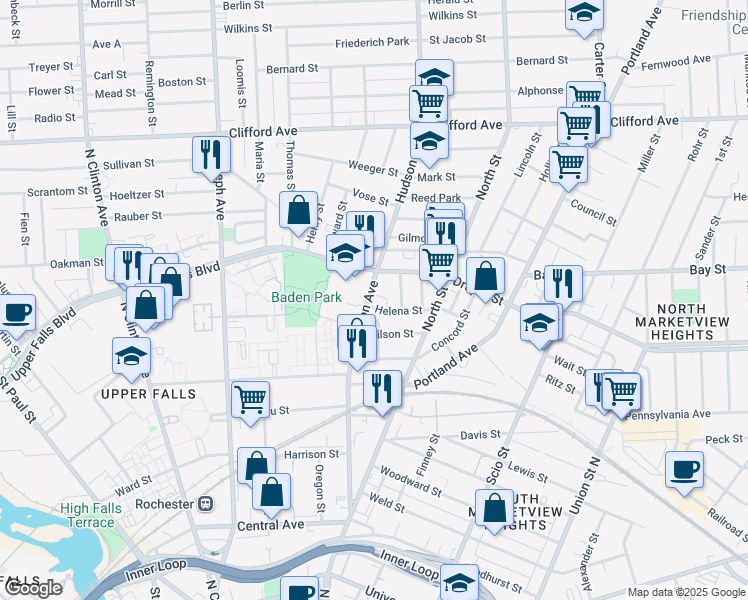 map of restaurants, bars, coffee shops, grocery stores, and more near 334 Hudson Avenue in Rochester