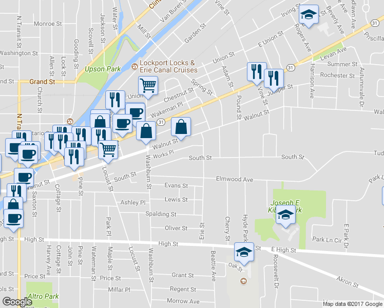 map of restaurants, bars, coffee shops, grocery stores, and more near 250 South Street in Lockport