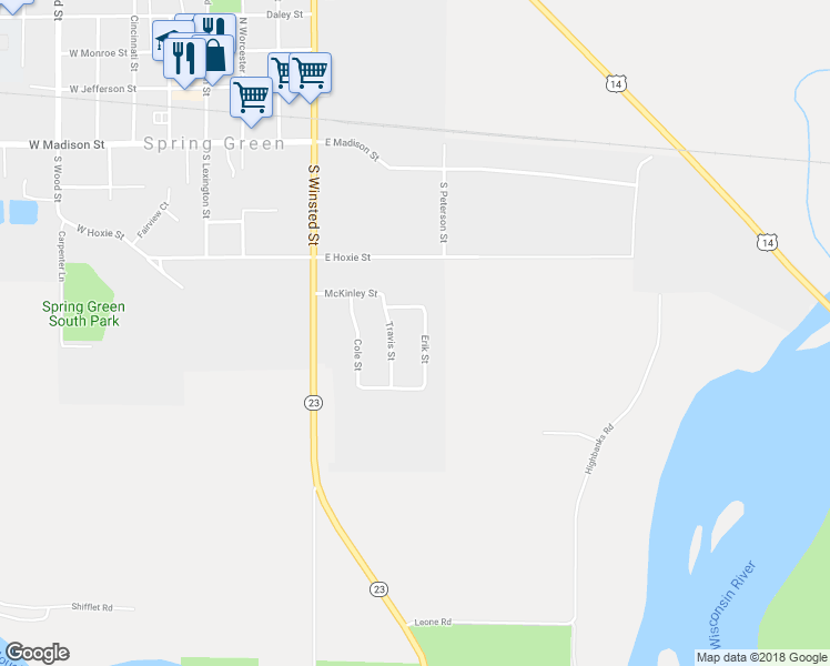 map of restaurants, bars, coffee shops, grocery stores, and more near 724 Erik Street in Spring Green