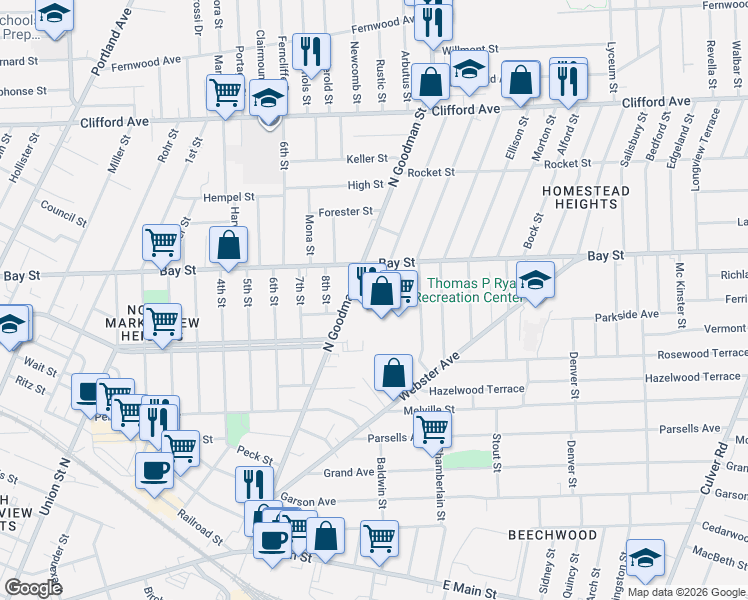 map of restaurants, bars, coffee shops, grocery stores, and more near 26 Heidelberg Street in Rochester