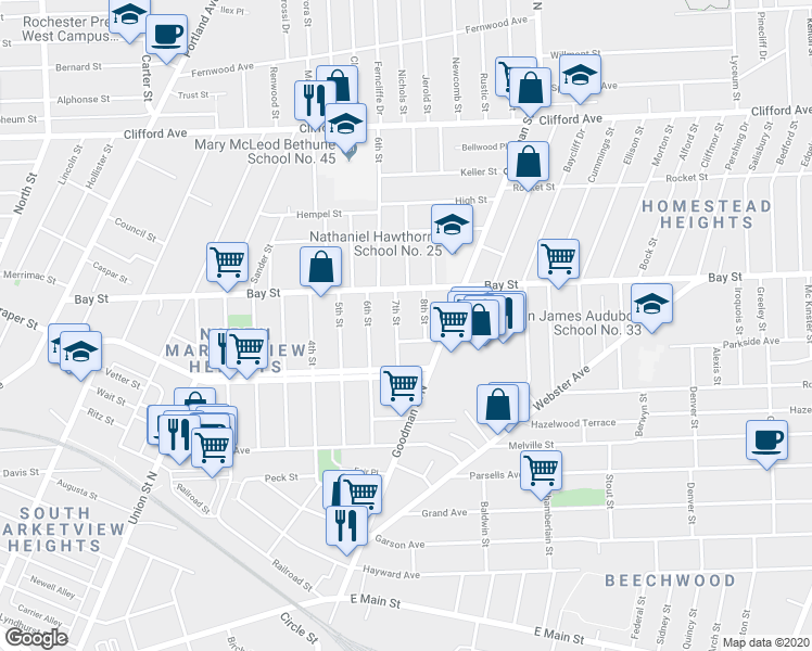 map of restaurants, bars, coffee shops, grocery stores, and more near 129 7th Street in Rochester