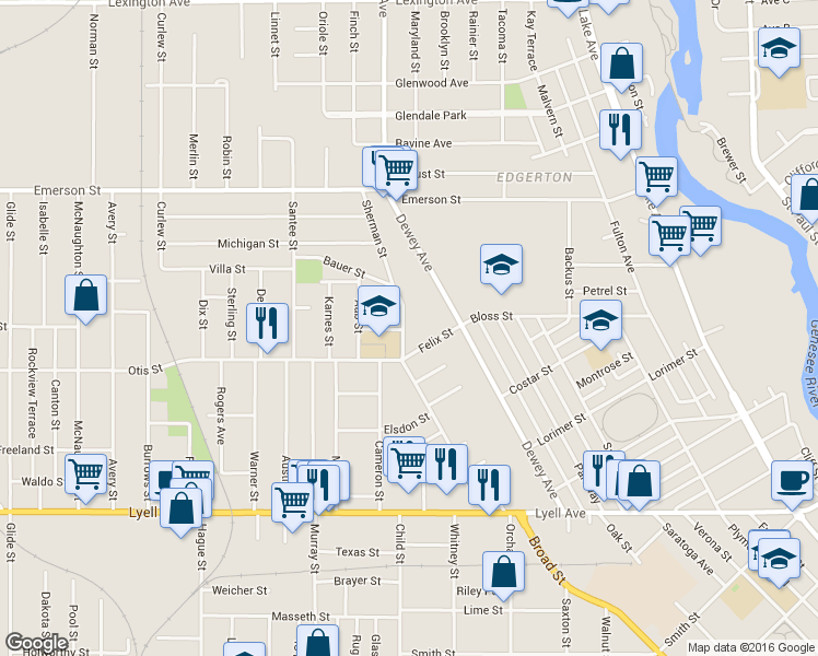 map of restaurants, bars, coffee shops, grocery stores, and more near 292 Sherman Street in Rochester
