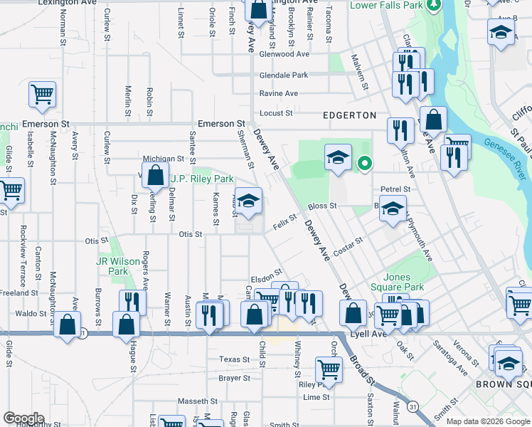 map of restaurants, bars, coffee shops, grocery stores, and more near 292 Sherman Street in Rochester