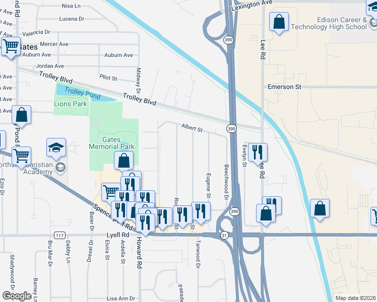 map of restaurants, bars, coffee shops, grocery stores, and more near 66 Matilda Street in Rochester
