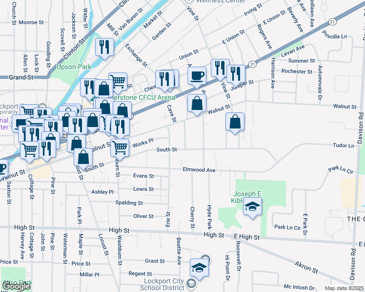 map of restaurants, bars, coffee shops, grocery stores, and more near 44 Erie Street in Lockport