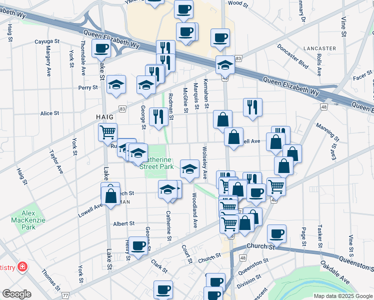map of restaurants, bars, coffee shops, grocery stores, and more near 99 Woodland Avenue in Saint Catharines