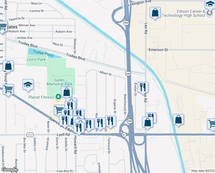 map of restaurants, bars, coffee shops, grocery stores, and more near 66 Matilda Street in Rochester