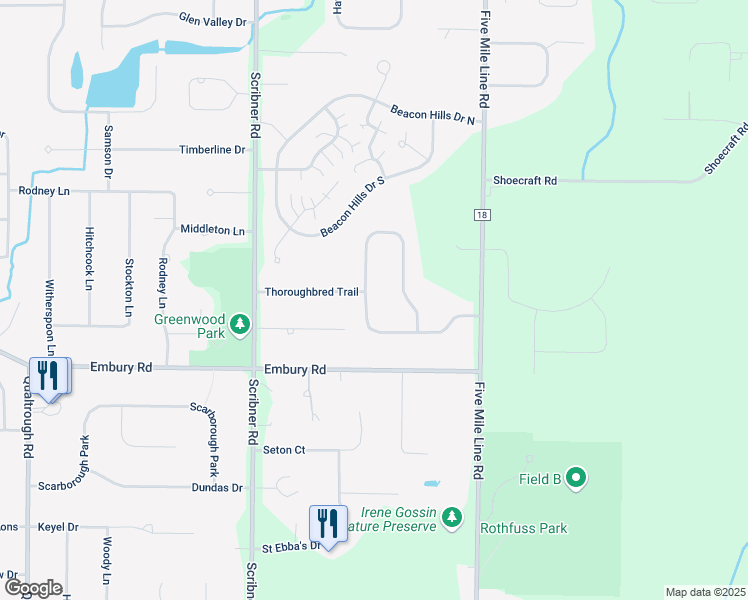 map of restaurants, bars, coffee shops, grocery stores, and more near 38 Corral Drive in Penfield