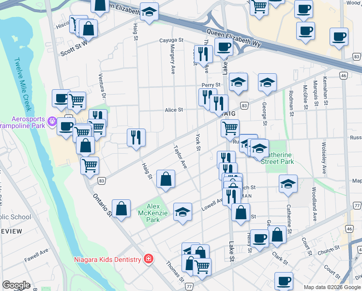 map of restaurants, bars, coffee shops, grocery stores, and more near 117 Grass Avenue in St. Catharines