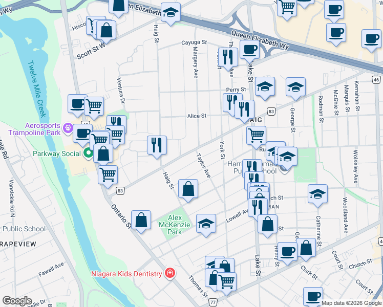map of restaurants, bars, coffee shops, grocery stores, and more near in St. Catharines