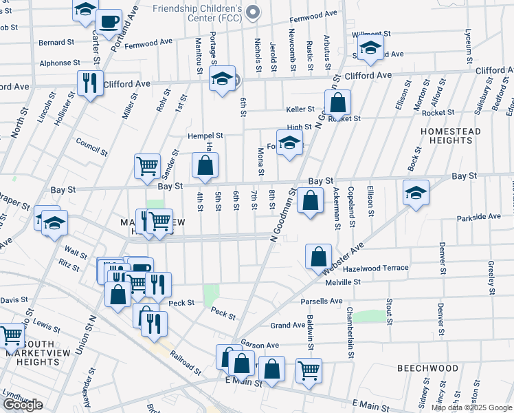 map of restaurants, bars, coffee shops, grocery stores, and more near 129 7th Street in Rochester