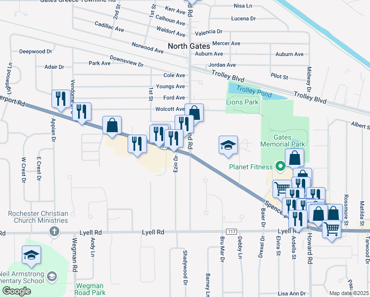 map of restaurants, bars, coffee shops, grocery stores, and more near 462 Spencerport Road in Rochester
