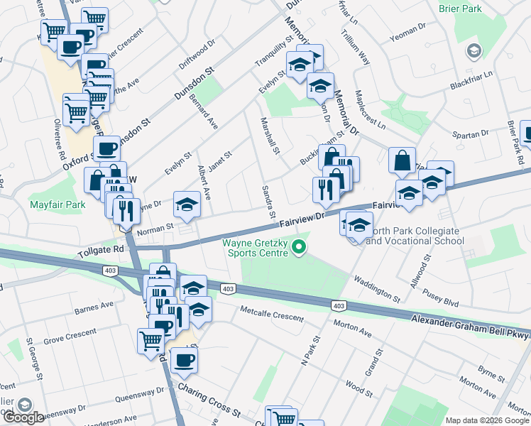 map of restaurants, bars, coffee shops, grocery stores, and more near 80 Norman Street in Brantford
