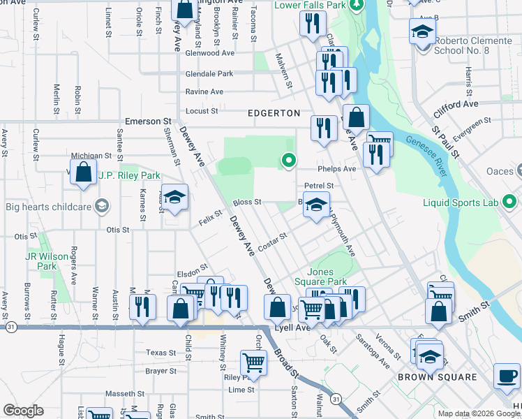 map of restaurants, bars, coffee shops, grocery stores, and more near 245 Saratoga Avenue in Rochester
