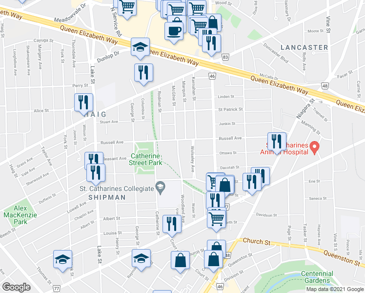 map of restaurants, bars, coffee shops, grocery stores, and more near 102 Woodland Avenue in St. Catharines