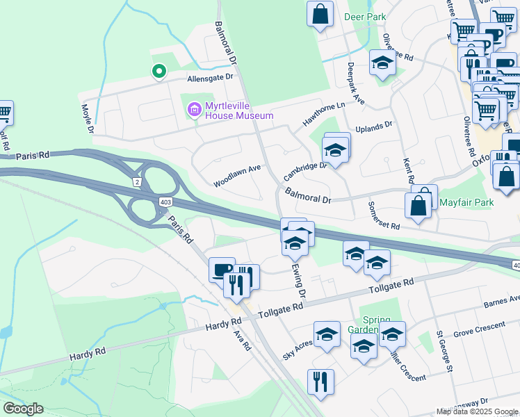 map of restaurants, bars, coffee shops, grocery stores, and more near 35 Roman Crescent in Brantford