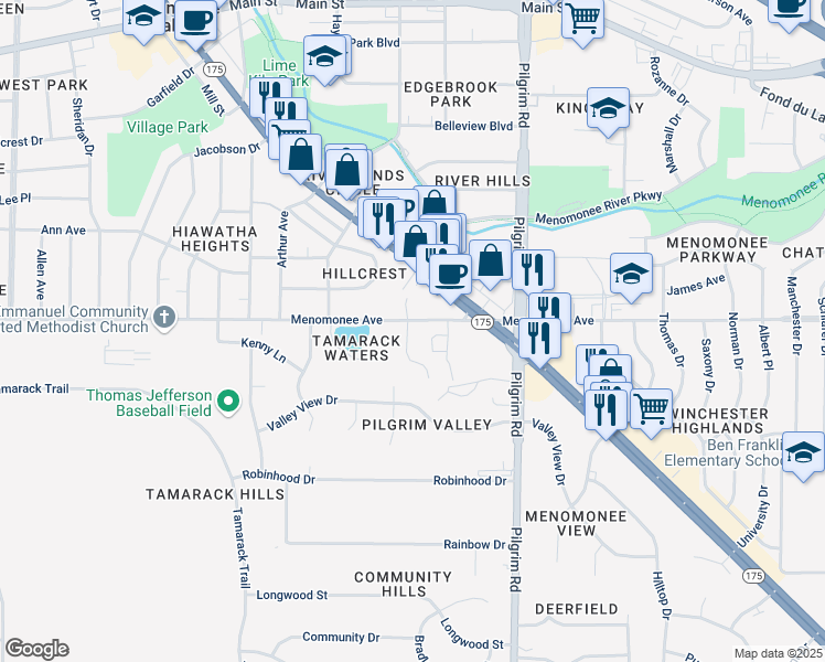 map of restaurants, bars, coffee shops, grocery stores, and more near w159n8378 Apple Valley Drive in Menomonee Falls