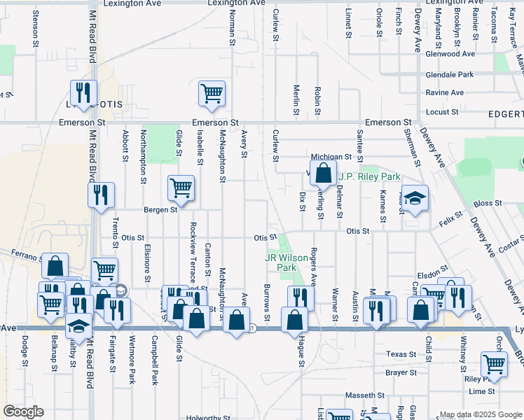 map of restaurants, bars, coffee shops, grocery stores, and more near 253 Burrows Street in Rochester