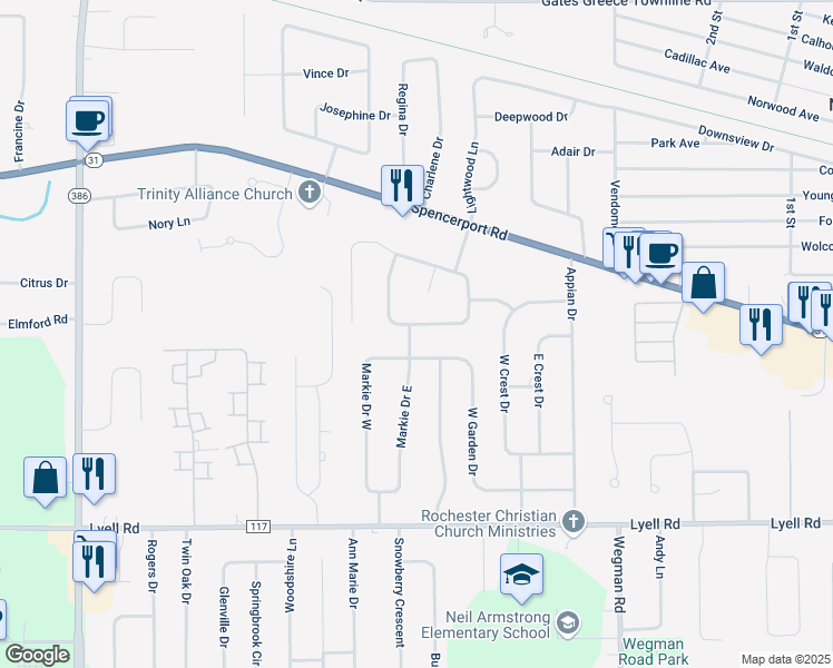 map of restaurants, bars, coffee shops, grocery stores, and more near 30 Country Gables Cir in Rochester