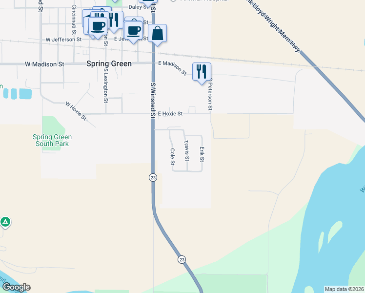 map of restaurants, bars, coffee shops, grocery stores, and more near 714 Travis Street in Spring Green