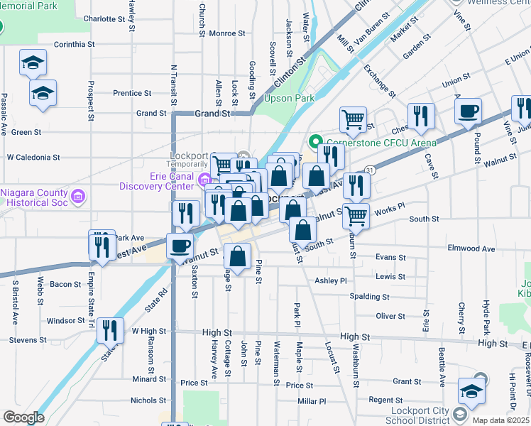 map of restaurants, bars, coffee shops, grocery stores, and more near 66 Main Street in Lockport