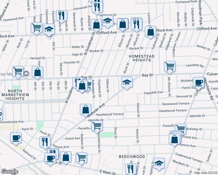 map of restaurants, bars, coffee shops, grocery stores, and more near 64 Ellison Street in Rochester