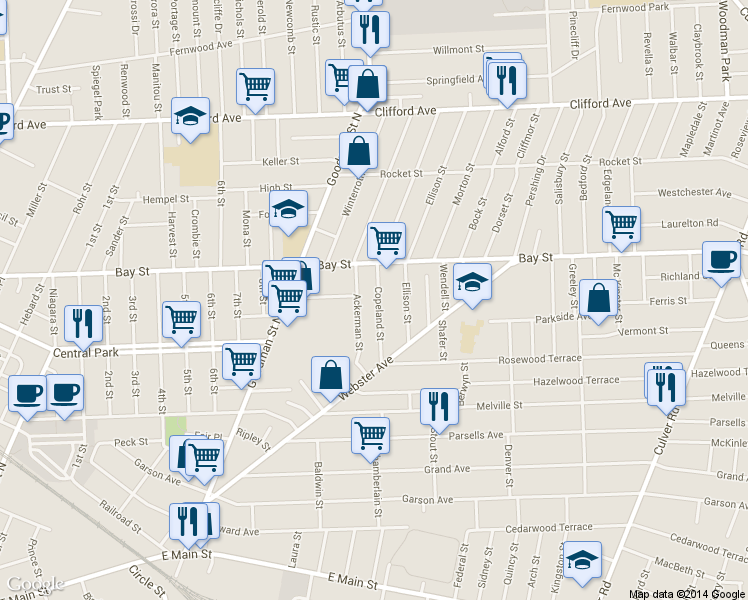 map of restaurants, bars, coffee shops, grocery stores, and more near 97 Copeland Street in Rochester