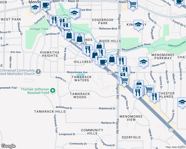 map of restaurants, bars, coffee shops, grocery stores, and more near 8388 Apple Valley Drive in Menomonee Falls