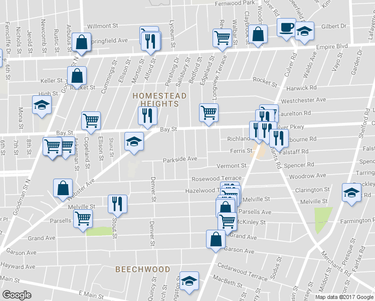 map of restaurants, bars, coffee shops, grocery stores, and more near 296 Greeley Street in Rochester