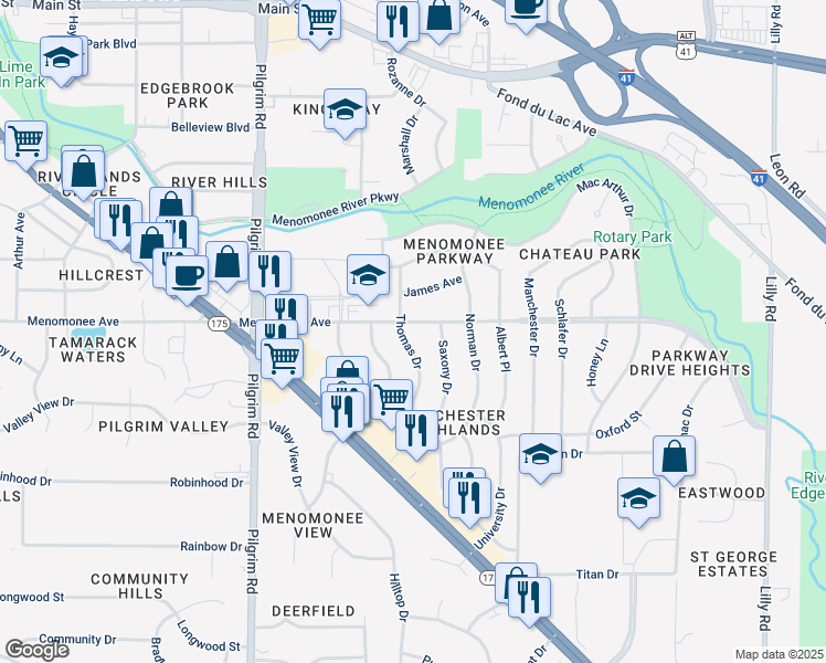 map of restaurants, bars, coffee shops, grocery stores, and more near N84W15139 Menomonee Avenue in Menomonee Falls