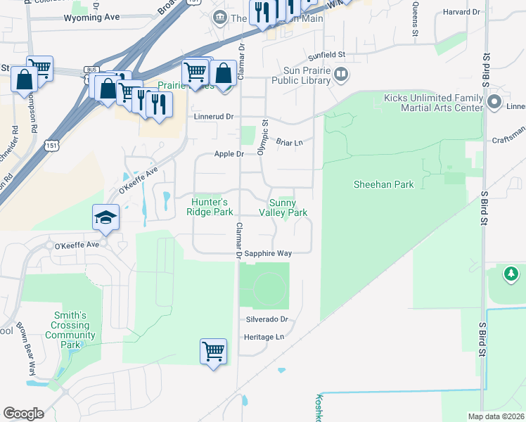 map of restaurants, bars, coffee shops, grocery stores, and more near 1616 Rustic Drive in Sun Prairie