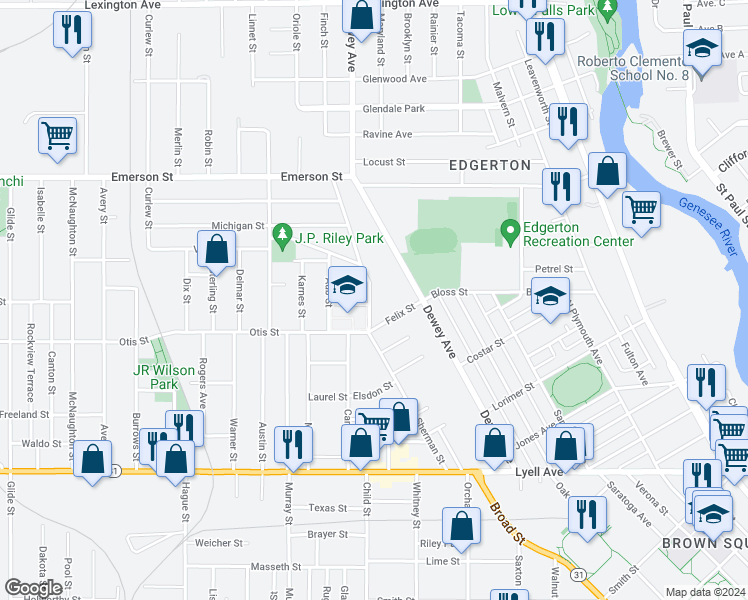 map of restaurants, bars, coffee shops, grocery stores, and more near 292 Sherman Street in Rochester