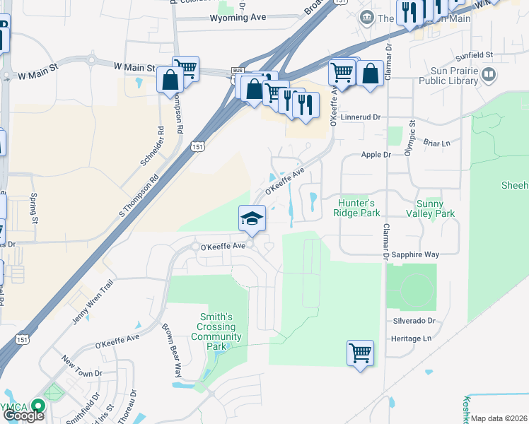 map of restaurants, bars, coffee shops, grocery stores, and more near 901 O'Keeffe Avenue in Sun Prairie