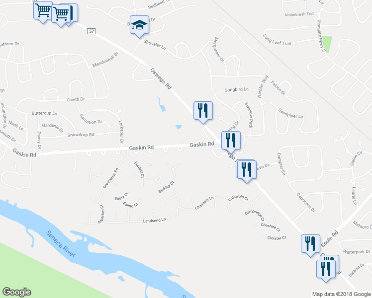 map of restaurants, bars, coffee shops, grocery stores, and more near 3858 Hensill Court in Baldwinsville