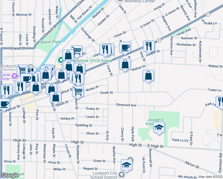 map of restaurants, bars, coffee shops, grocery stores, and more near 44 Erie St in Lockport