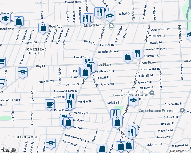 map of restaurants, bars, coffee shops, grocery stores, and more near 860 Merchants Road in Rochester